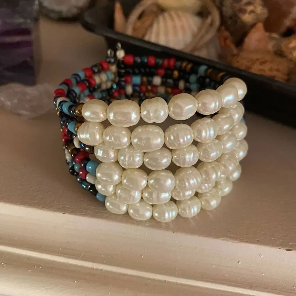 Memory Wire Pearl & Multi Colored Bead Cuff Bracelet - Picture 2 of 5